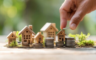 Saving for a Home: Miniature Houses and Coins Illustrate Financial Growth