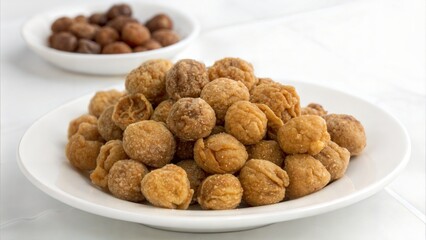 Dried Longan chinese medicine (桂圆) clustered tightly on white porcelain plate
