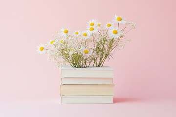 Stacked books and daisy flowers arranged on a soft pink backdrop