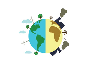 Split Earth showing green land with trees and windmills on one side, and damaged land with factories and dry trees on the other