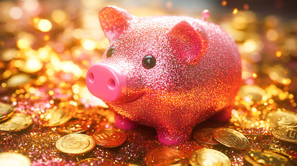 Pink piggy bank money box with gold coins 3D rendering