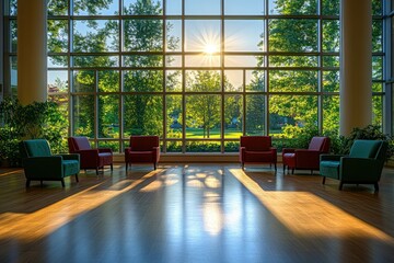 Fototapeta premium Bright sunshine fills a waiting room, casting light on polished wooden floor and armchairs.