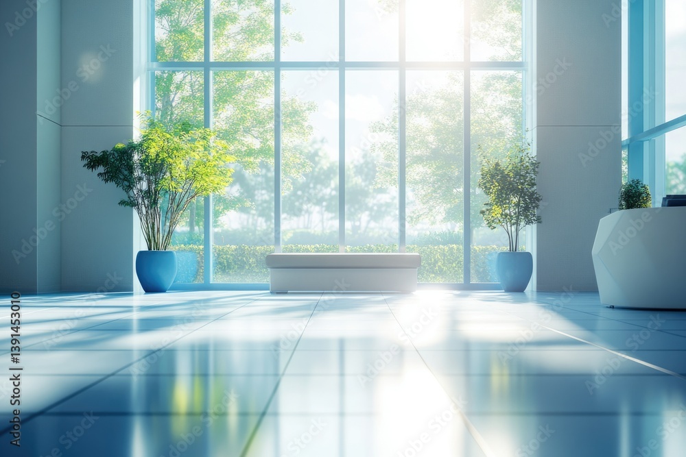 Poster a modern, bright and light filled lobby with large windows and green plants creating a tranquil atmo