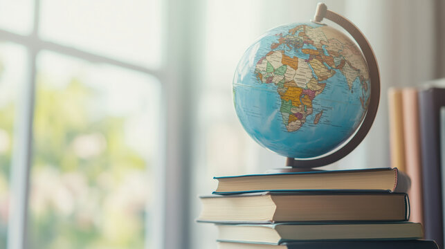 A globe on a stack of books by the window - Powered by Adobe