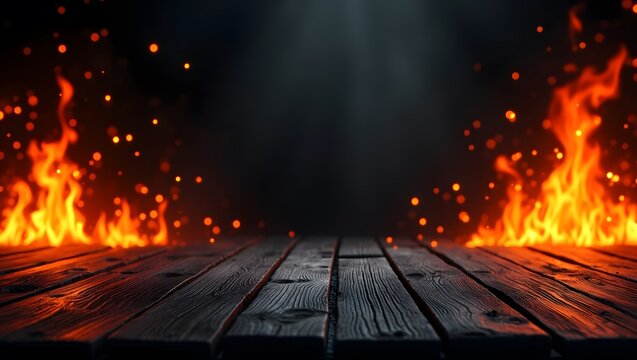 Wooden floor with blazing flames and dark smoke background for dramatic fire concept, danger theme, or hot product presentation
