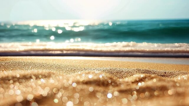 Serene beach scene with gentle ocean waves lapping at shore, sparkling sand reflecting sunlight, and tranquil water inviting relaxation and peace in natures summer embrace.