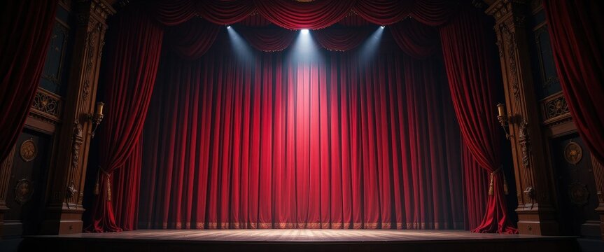 A grand stage adorned with rich, crimson red curtains elegantly draped to the sides, illuminated by bright, focused spotlights casting dramatic shadows, ready for a captivating performance.