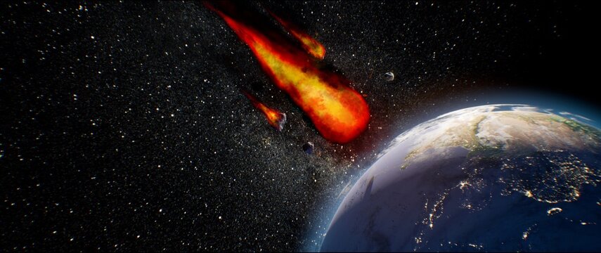 A dramatic 3D render of an asteroid flying toward Earth, depicting an apocalyptic space disaster. The scene shows fiery debris, an impact crater, and the asteroid entering the atmosphere, symbolizing