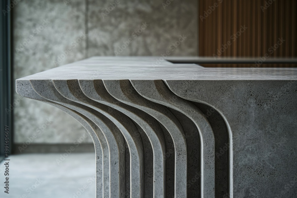 Poster concrete counter with wavy sculpted base, showcasing modern architectural design and textural elemen