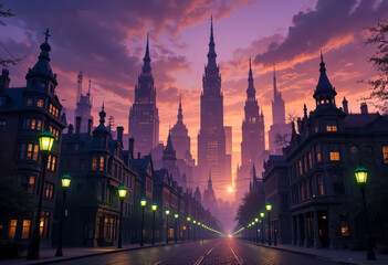 Obraz premium Magical sunset cityscape gothic architecture tall buildings cobblestone street romantic
