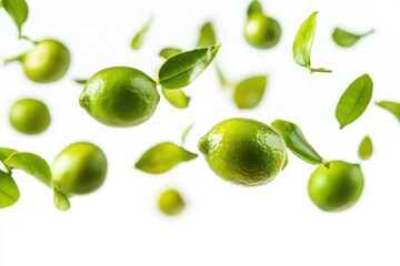 Obraz premium Fresh green limes and leaves floating in air