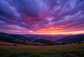 Fototapeta premium Majestic sunset over rolling hills vibrant purple and pink hues paint the sky serene
