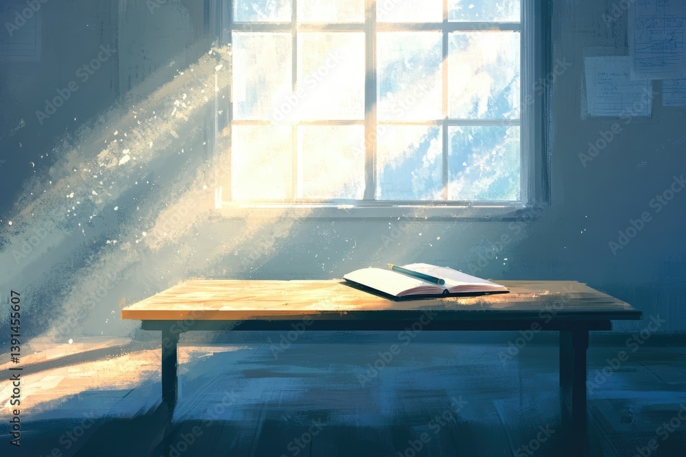 Poster Sunlit scene of a wooden table with a notebook and pen near a window.