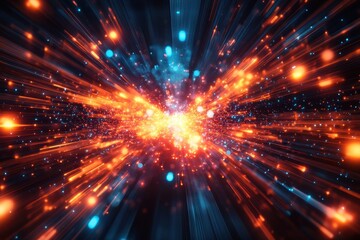 Fototapeta premium Energetic burst of red, orange, and blue light streaks. Show the speed of data, technology, or a hyperdrive.