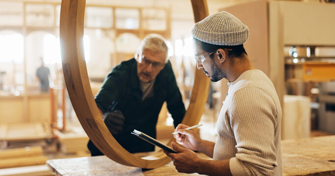 Carpenter, planning or man with tablet in workshop for wood structure inspection, safety compliance or evaluation. Manufacturing, team and quality control for framework production or furniture repair