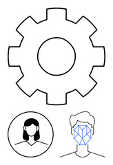 Gear symbol above male and female profiles, with geometric facial recognition pattern. Ideal for AI, innovation, machine learning, identity, technology, automation, security flat simple metaphor