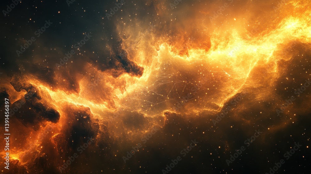 Poster golden nebula glows brightly in a dark space filled with many stars. use this cosmic background for 