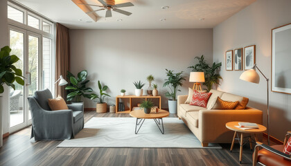 Fototapeta premium Bright and cozy living room interior with natural light, modern furniture, houseplants, and warm wooden accents.