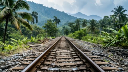 Fototapeta premium A close-up of old-fashioned train tracks disappearing into the horizon, surrounded by lush greenery or rugged terrain, representing the timeless appeal of train travel through diverse landscapes.