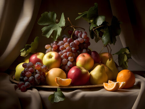 Naklejki Classic Still Life with Grapes, Apples, and Citrus on a Draped Table in Baroque Lighting