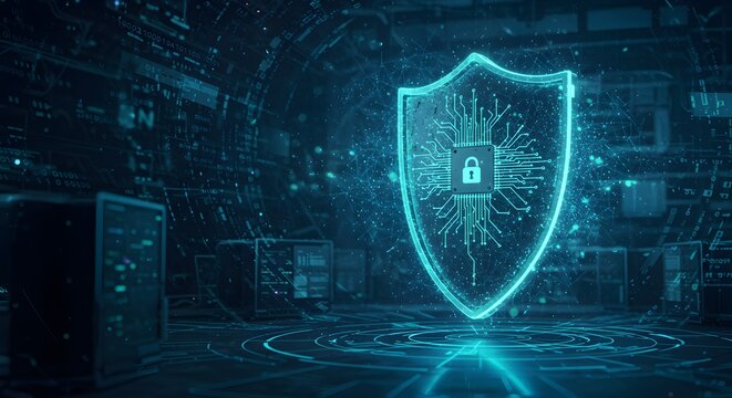 A futuristic AI-powered cyber shield that actively detects and neutralizes digital threats in real-time