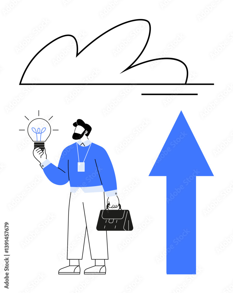 Poster man holding glowing light bulb and briefcase standing under abstract cloud with large upward arrow. 