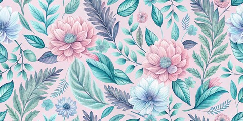 A Delicate Pastel Floral Pattern Featuring Large Blooms and Lush Greenery on a Soft Pink Background