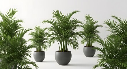 Fototapeta premium Multiple Palm Plants in Gray Pots plain white background Tropical palm plants in gray pots, excellent air purifiers. Adds a touch of the tropics.