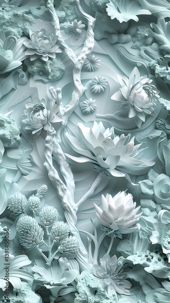 Fototapete floral botanical pattern with white pastel relief texture design art and decoration ornament backgro