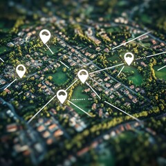 Aerial View of Suburban Neighborhood with GPS Location Markers