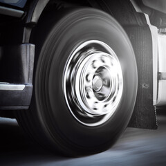 Fast Spinning Wheels on Road. Truck Chrome Wheels, Tires. Big rig, Semi Trailer Truck Wheels. Freight Truck Logistics Transportation. 	