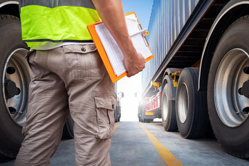 Truck Drivers Holding Clipboard to Check Truck Tires. Semi Truck Tractor, Big rig. Inspector Mechanic, Maintenance Safety Checklist, Inspecting Safety Driving. Freight Logistics Truck Transportation.	
