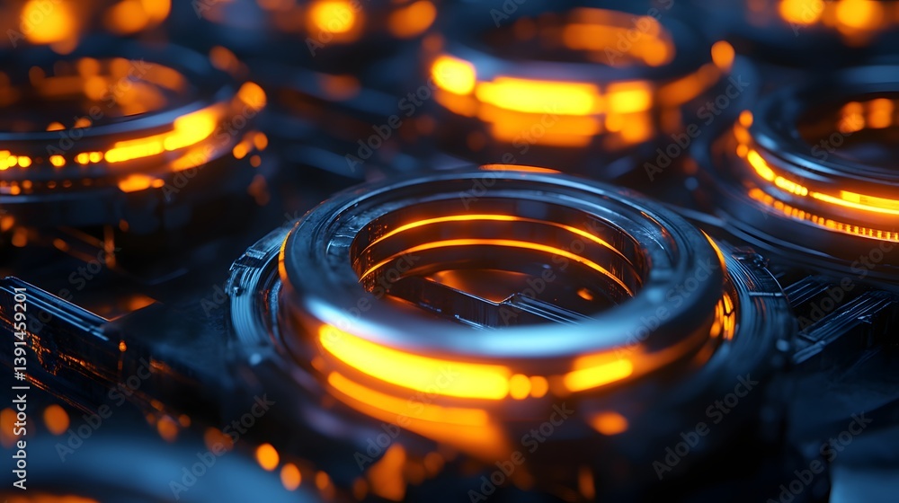 Poster the image is a close up of a series of glowing, metallic circles. the circles are arranged in a patt