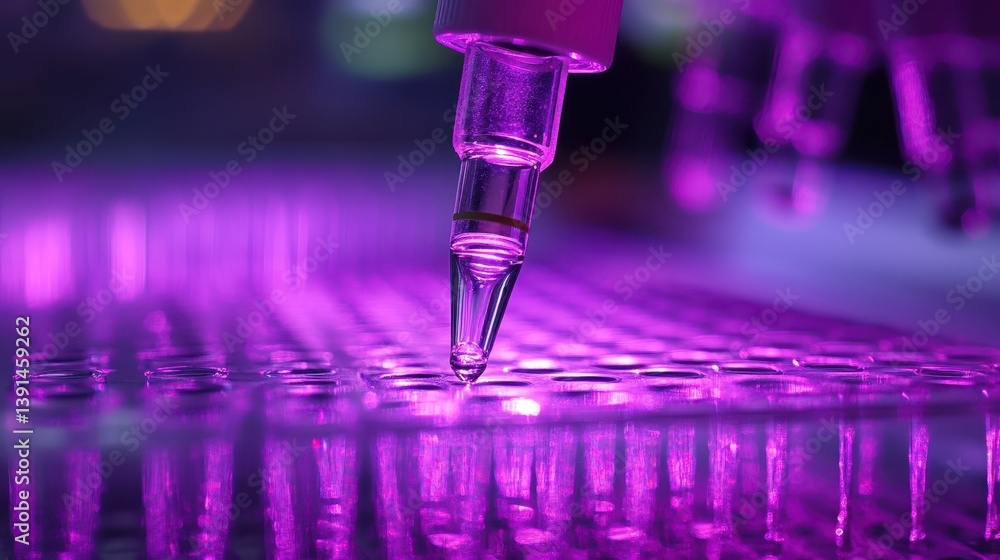 Poster pipette drops sample into microplate with purple light in laboratory. perfect for illustrating scien