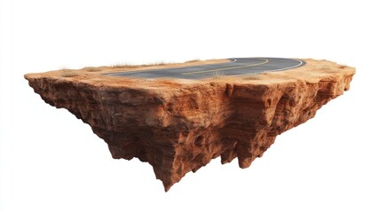 Isolated floating island with asphalt road showcases geological formations