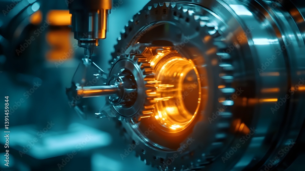 Poster a machine is working on a gear that is glowing orange. concept of precision and technical expertise,