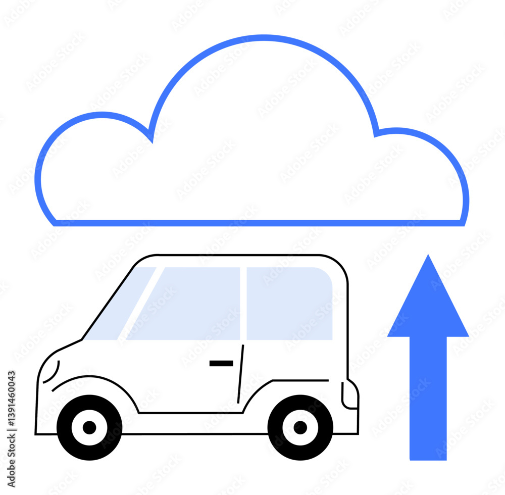 Poster compact car below cloud and upward arrow representing data upload, cloud storage, technology. ideal 