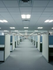 An empty call center floor with rows of cubicles and overhead fluorescent lighting, conveying the atmosphere of a bustling work environment.