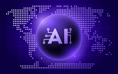 Artificial Intelligence Innovation Background with World Map Global Big Data Technology Network. Neon Circle Earth Abstract Glow Blue Backgrounds for AI Communication Innovation. Vector Illustration