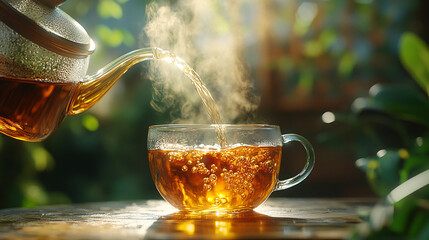 Tea, realistic photo of hot tea being poured from a teapot into a glass cup with steam rising above it. Focus is on the smoky and warm hues of the liquid with a blurred green background.