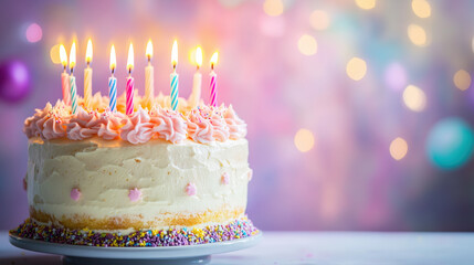 A birthday cake with burning candles on a table