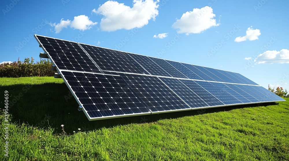 Poster black solar panel array arranged symmetrically on a lush green hill beneath soft cloud coverage with