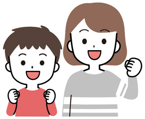 笑顔でガッツポーズをする女性と男の子家族のアイコンイラスト