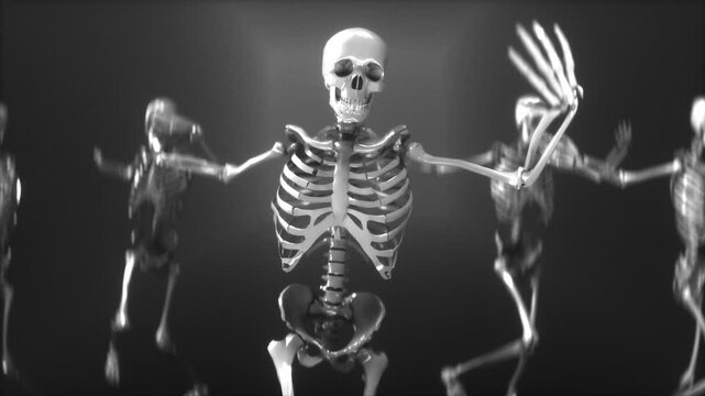 Group of Animated Skeletons Dance Energetically in Dark, Atmospheric Setting, Creating Spooky Yet Playful Scene with Monochrome Color Scheme Enhancing Eerie Mood