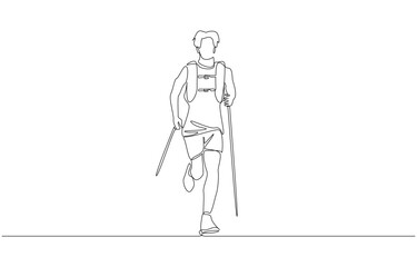 Continuous one line drawing of trail runner running with poles, trail running concept, single line art