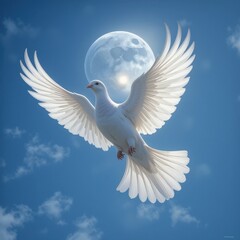 Fototapeta premium A graceful white dove soars through a clear blue sky, its wings fully extended, showcasing delicate feathers. The sunlight glints off its pristine plumage, embodying peace and freedom.