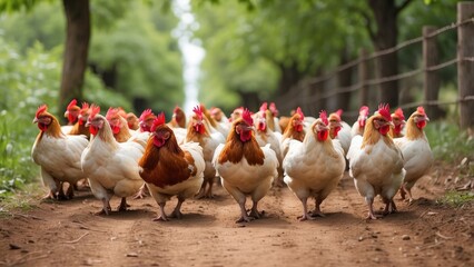 Fototapeta premium A large flock of red and white hens is walking along a dirt path with greenery on both sides.