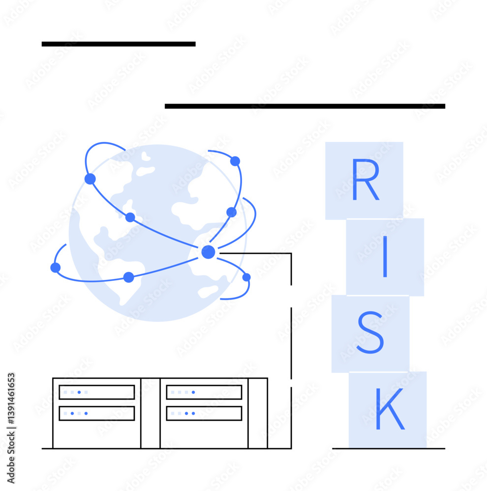 Poster globe with network connections, servers, and stacked blocks spelling risk. ideal for technology, cyb