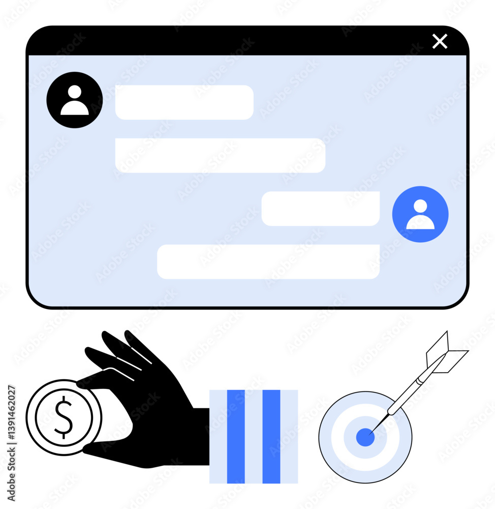 Poster messaging window with user icons, hand exchanging coin, and arrow hitting target symbolizing digital