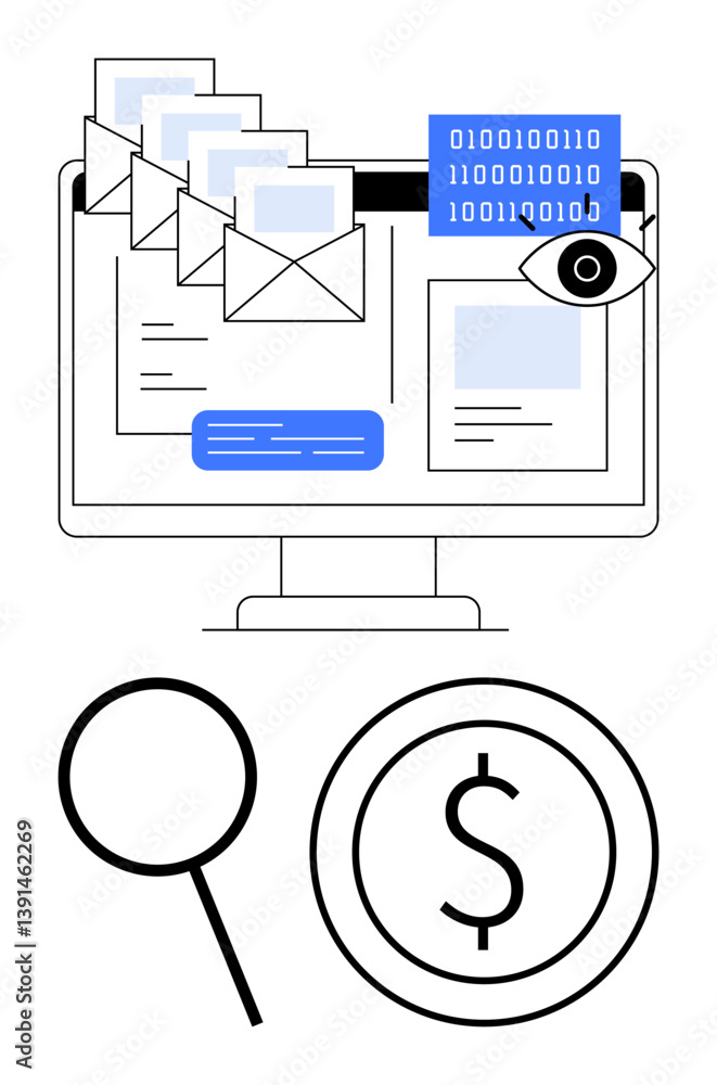 Poster computer screen with emails, binary code, magnifying glass, and dollar sign. ideal for data privacy,